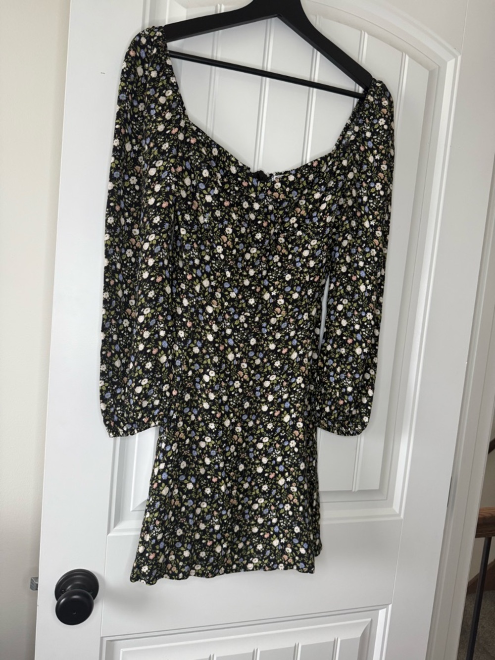 Reformation Black Floral Long-Sleeve Mini Dress with Square Neck